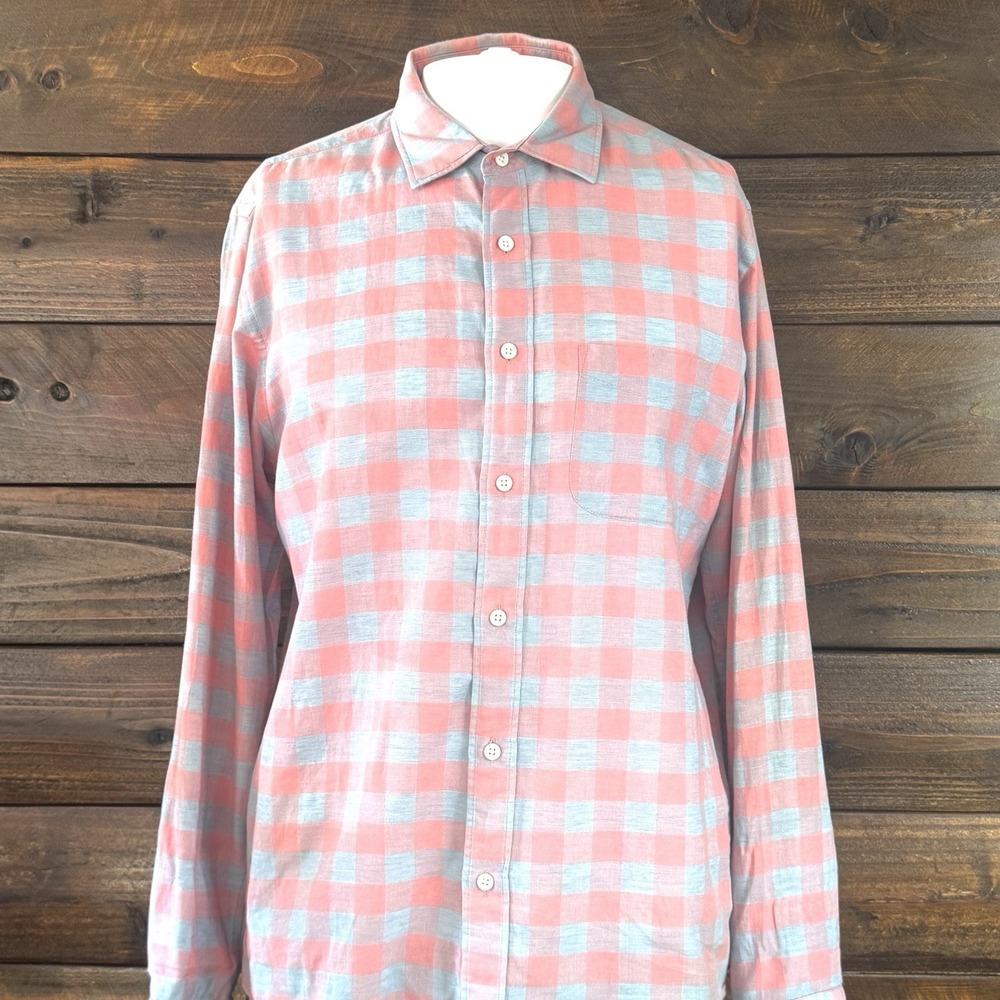 Faherty Stretch Summer Blend Men's Med Long Sleeve Linen Shirt Pink Blue Plaid - Picture 4 of 11